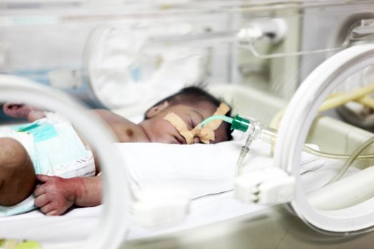 Newborn baby inside incubator