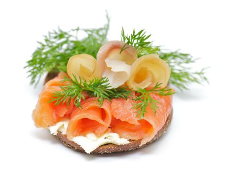 Sandwich with Smoked Salmon and Sturgeon, Cheese Crème and Dill