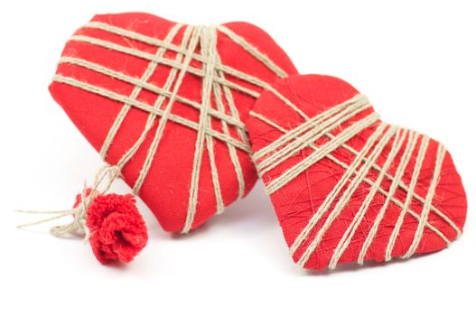 Handmade Valentine Red Hearts decorated with cord threads