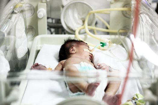 Newborn baby inside incubator