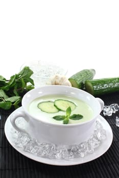 fresh iced cucumber soup with garlic, yogurt and mint