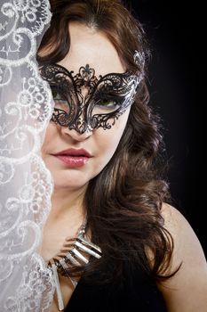 Hiding bride, Wedding decoration, Fine-art portrait of elegant girl in venetian mask