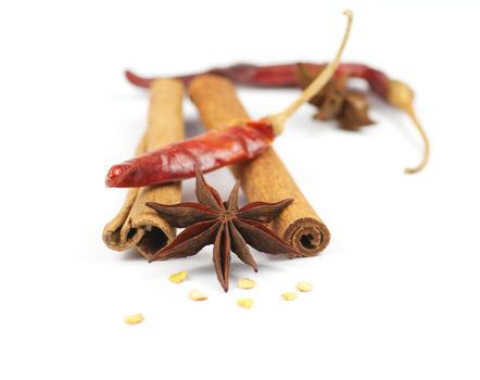 Cinnamon sticks, chili pepper and anise isolated on white background