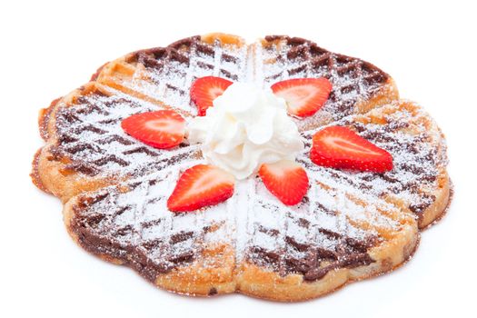 waffle with strawberry and whipped cream, on a white background 