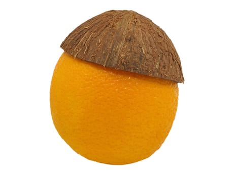 Cheerful orange in coconut cap isolated on a white background.