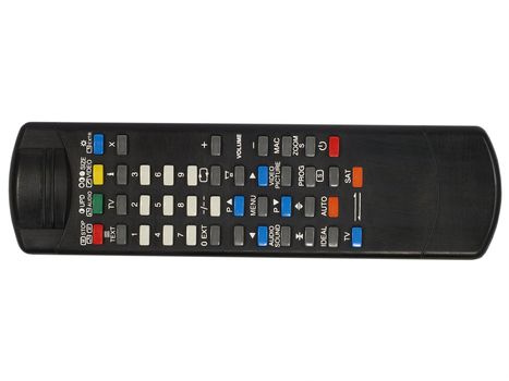 Black remote control isolated on white background.