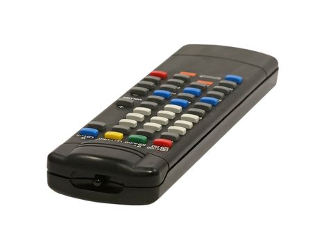 Closeup black remote control isolated on white background.