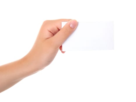 Hand an empty business card over white 