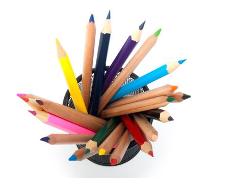 Colored pencils in pot isolated 