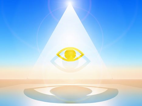 a golden eye in a white pyramid