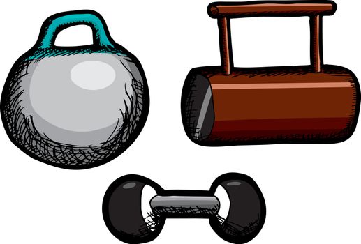 Kettlebell, short log and dumbbell weights isolated over white