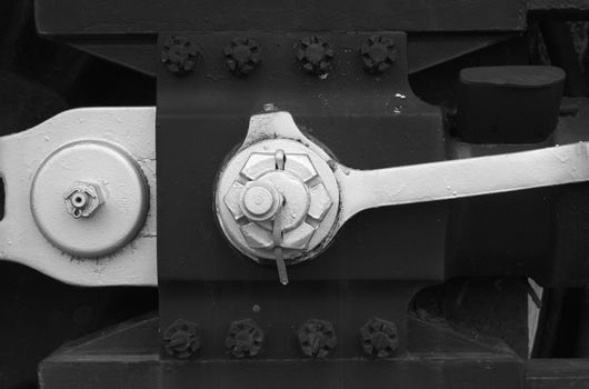 Detail of the drive mechanism of a steam powered locomotive.