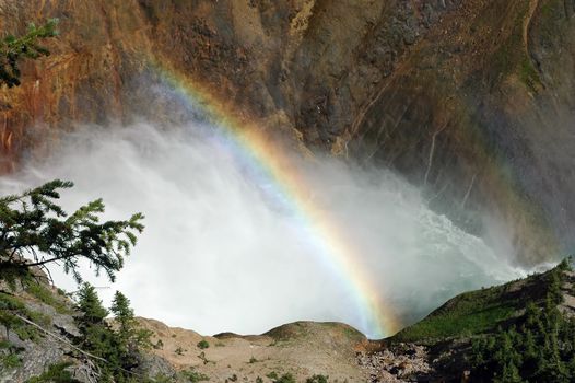 A view at the base of a water fall where a rainbow forms in it's mist.