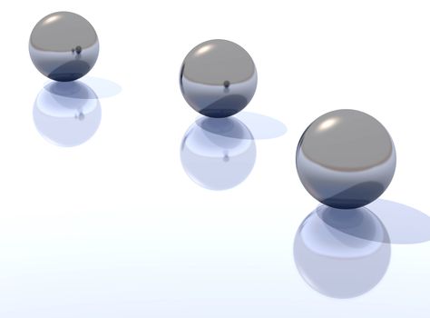 Three metal spheres with a shadow on a surface and reflection in each other