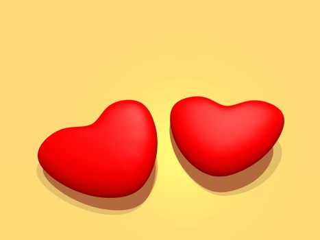 Two 3D hearts on a yellow background (postcard) 