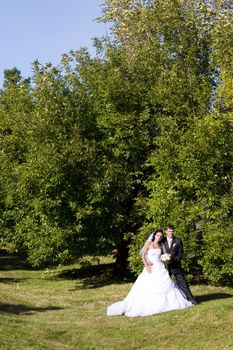 a bride and a groom dance in the park