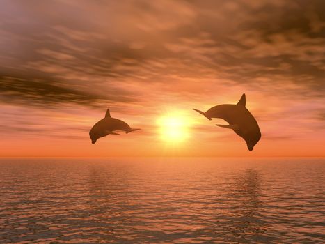 two dolphins floating at ocean (realistic red sunset)