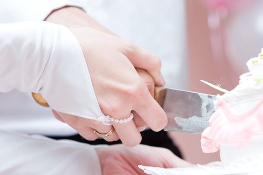 hands of bride and groom cut of a slice of a wedding cake