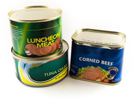 Canned Tins of Meat and Fish on White Background