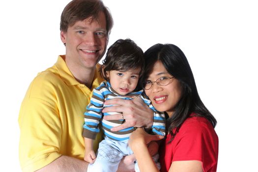 Young family isolated on white. Father is caucasian, mother is asian, multiethnic family.