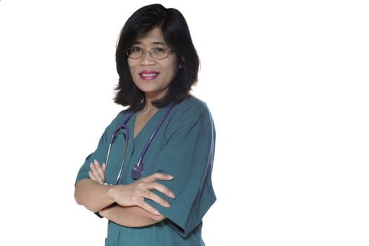 Asian nurse or doctor with scrubs and stethoscope standing with arms crossed