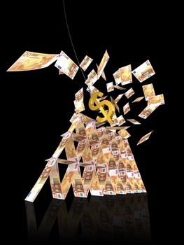 Euro tower from 50 euro notes collapse from glolden symbol dollar hanging on black background