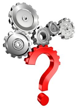 red question mark with metal cogs concept image isolated on white background
