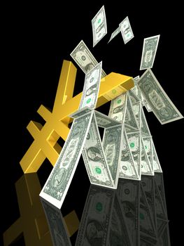 golden yen strikes dollar tower on black background