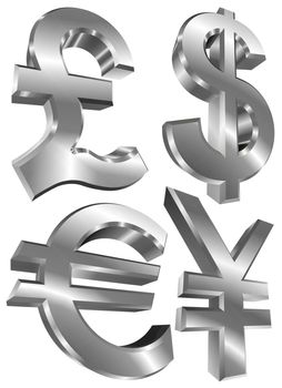 pound dollar euro and yen metal symbols isolated on white background