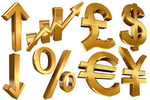 golden economy symbols euro dollar pound yen arrows per cent and statistic bars