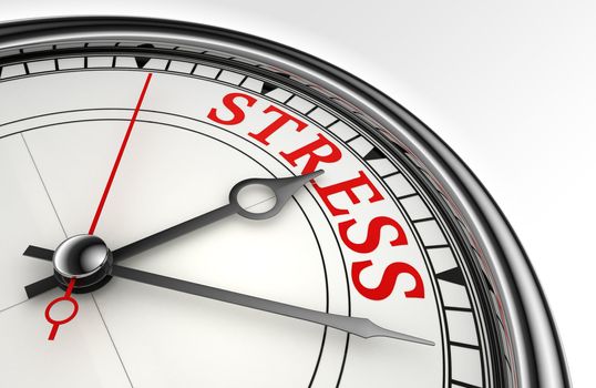 stress red word on concept clock closeup on white background