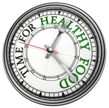 time for healthy food concept clock closeup on white background with red and black words