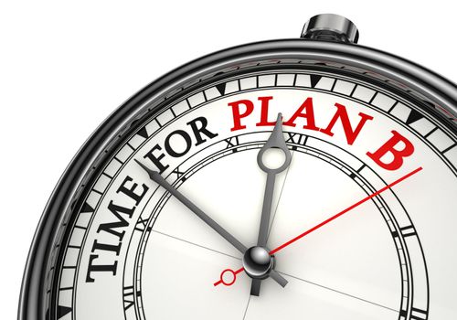 time for plan b concept clock closeup on white background with red and black words