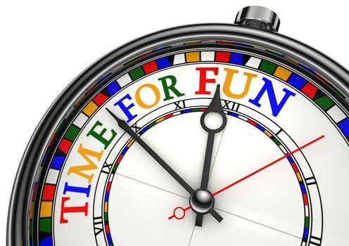 time for fun colorful concept clock closeup on white background with red and black words