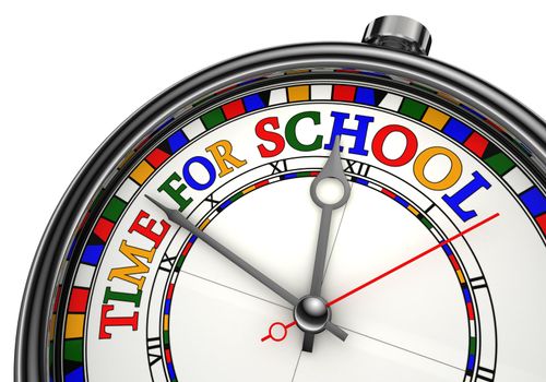 time for school colorful concept clock closeup on white background with red and black words