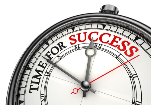 time for success concept clock closeup on white background with red and black words