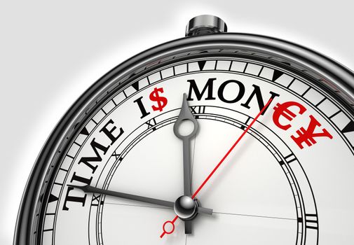 time is money concept clock closeup on white background with red and black words