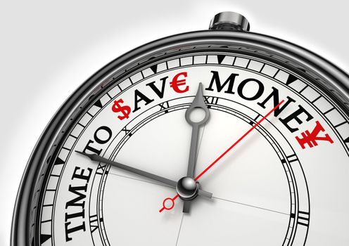 time to save money concept clock closeup on white background with red and black words