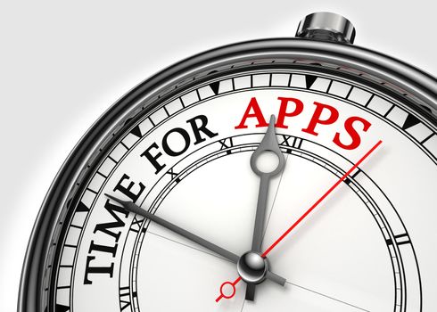 time for apps concept clock closeup on white background with red and black words