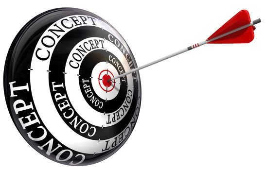 concept word on target and arrow accurate hit isolated on white background