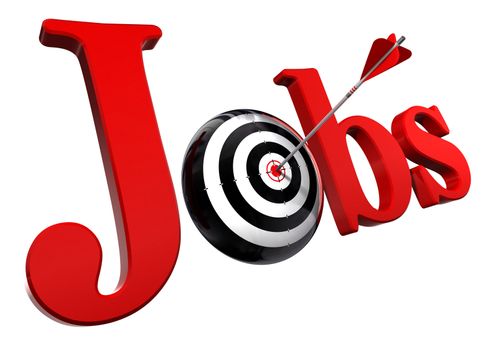 jobs red word and conceptual target with arrow isolated on white background