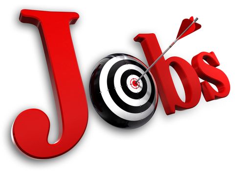 jobs red word and conceptual target with arrow on white background