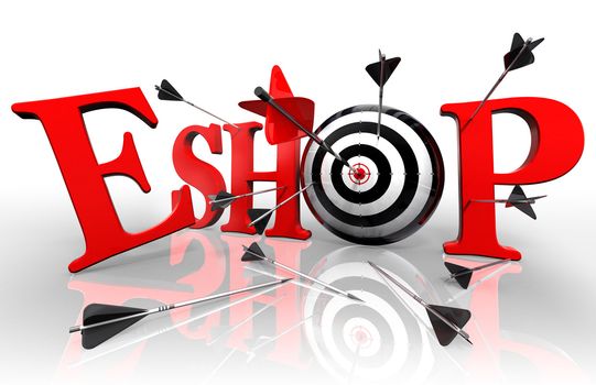 eshop red word and conceptual target with arrow on white background