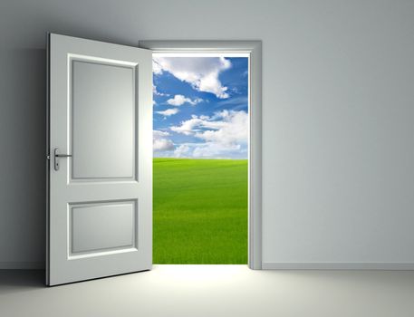 white open door inside empty room with view to green field and cloud sky background