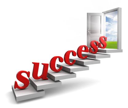 success red 3d letters up stairs to door with view to field and sky on white background