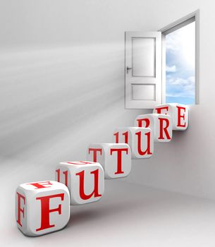 future red word conceptual door with sky and box ladder in white room metaphor 