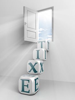 exit conceptual door and box ladder in white room 