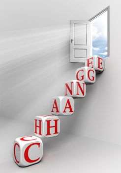 change conceptual door with sky and box word  ladder in white room metaphor 