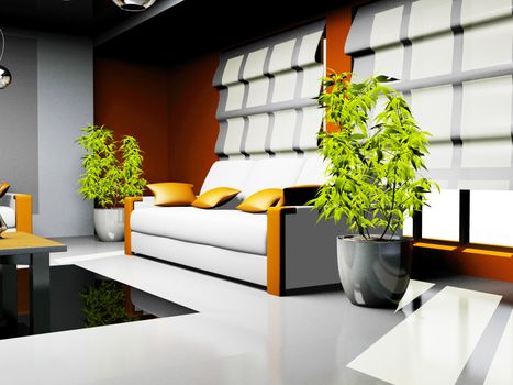 waiting room with orange and white leather furniture