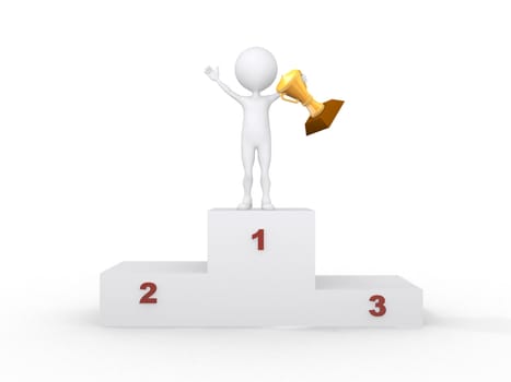 3d people- human character with the cup on the podium This is a 3d render illustration